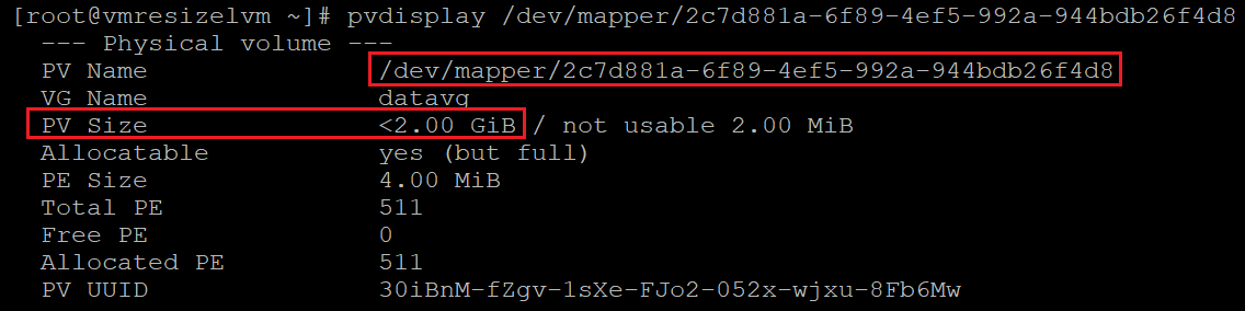 現在の物理ボリュームのサイズを確認するコードを示すスクリーンショット。結果が強調表示されています。