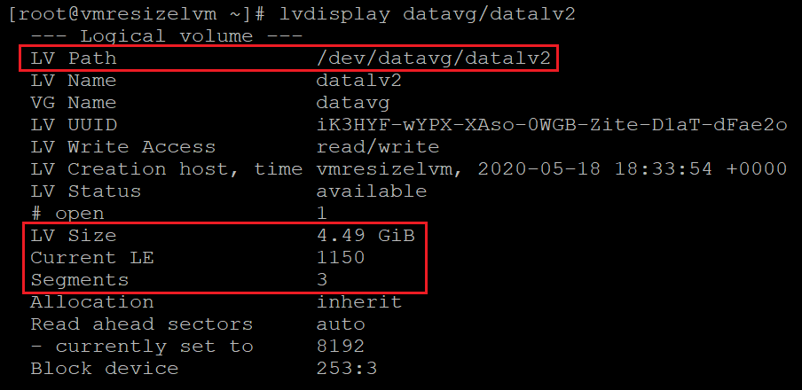 論理ボリュームに関する情報を取得するコードを示すスクリーンショット。結果が強調表示されています。