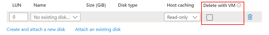 VM が削除されたときにデータ ディスクを削除するかどうかを選択するためのチェック ボックスを示すスクリーンショット。