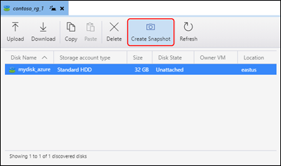 Azure Storage Explorer のスクリーンショット。[Create Snapshot]\(スナップショットの作成\) ボタンの位置を強調表示している。