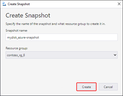 Azure Storage Explorer の　[Create Snapshot]\(スナップショットの作成\) ダイアログ ボックスのスクリーンショット。