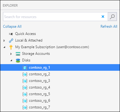 Azure Storage Explorer のスクリーンショット。ディスクをアップロードする [Disks]\(ディスク\) のノードの位置を強調表示している。