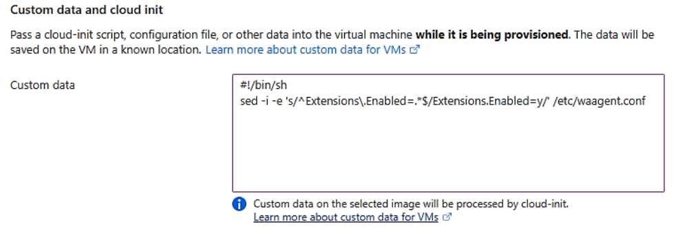 新しい Linux VM の cloud init 入力フィールドのスクリーンショット。