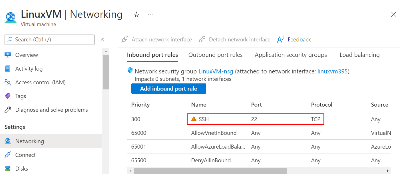 SSH 接続を許可する規則が既に存在するかどうかを確認する方法を示すスクリーンショット。