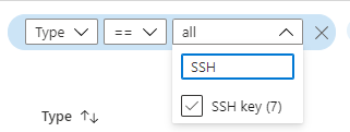 すべての SSH キーを表示するように一覧をフィルター処理する方法を示したスクリーンショット。