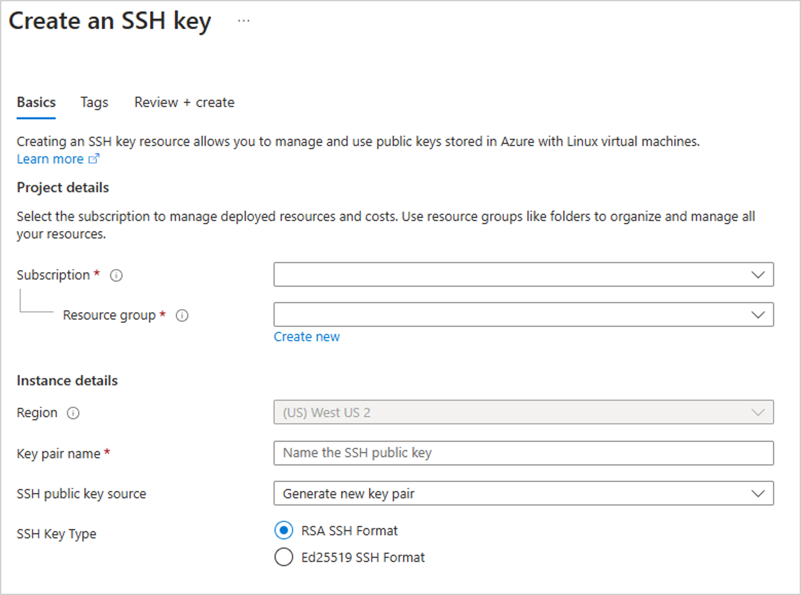 新しいリソース グループを作成し、SSH キー ペアを生成する