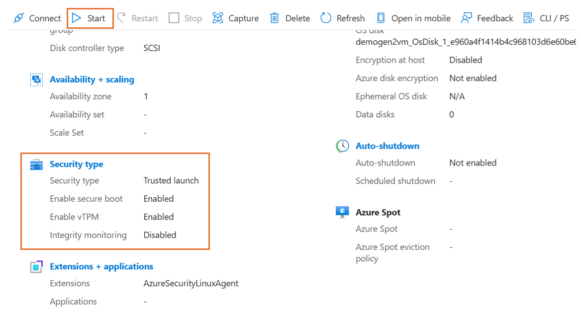 トラステッド起動にアップグレードされた VM を示すスクリーンショット。