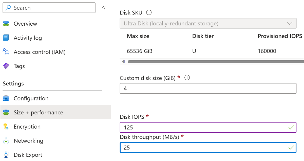 Ultra Disk の [構成] ブレードのスクリーンショット。ディスク サイズ、iops、スループットが強調表示され、[保存] が強調表示されています。