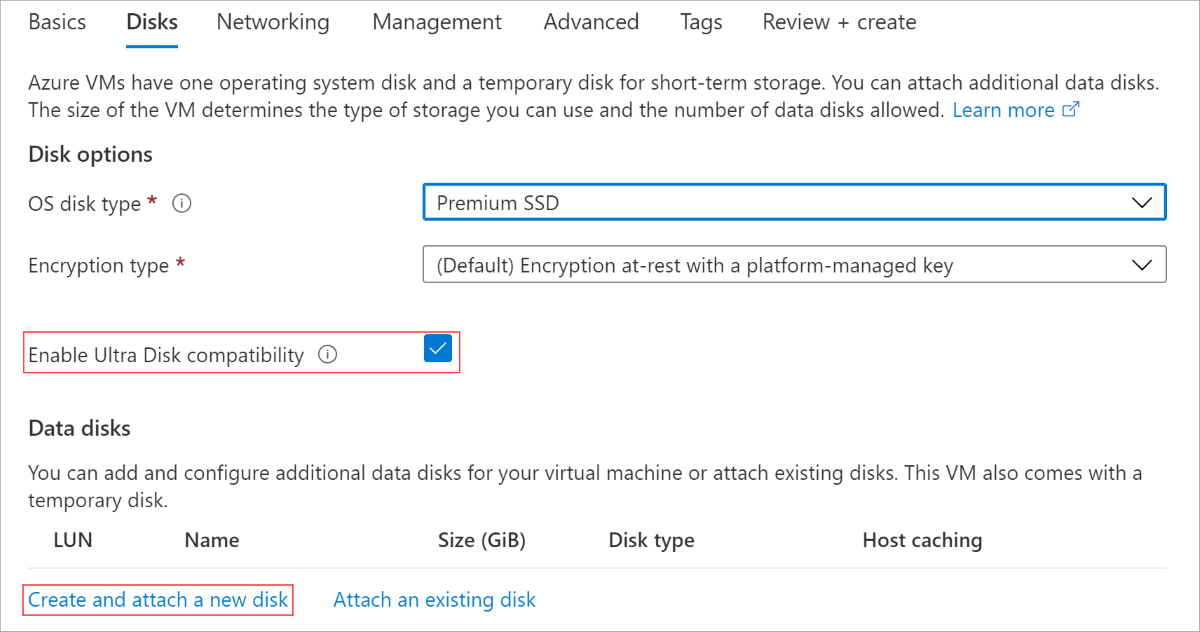 VM 作成フロー、[ディスク] ブレードのスクリーンショット。Ultra Disk の互換性が有効になっており、[新しいディスクの作成と接続] が強調表示されています。