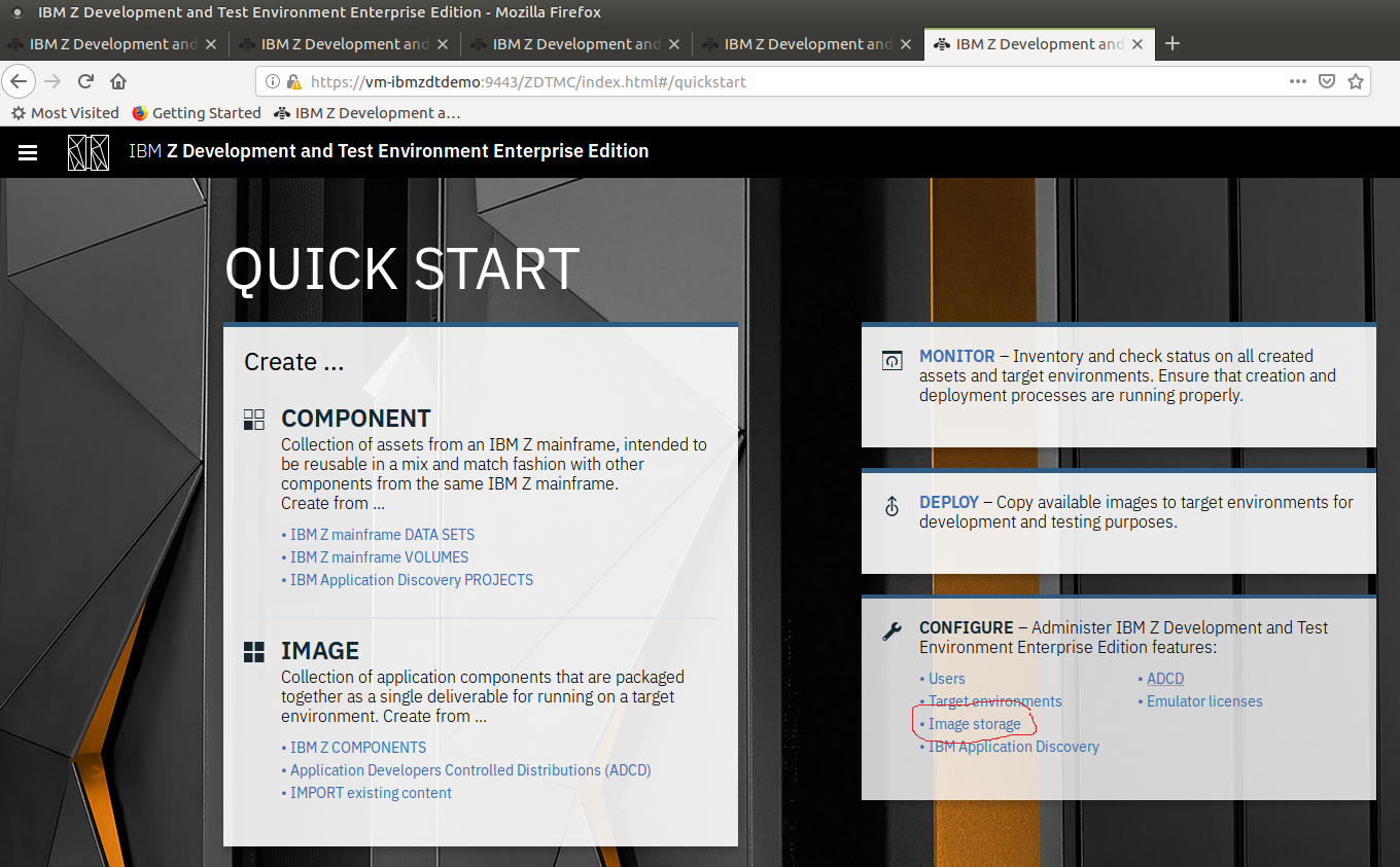 IBM zD&T Enterprise Edition の [Quick Start]\(クイック スタート\) 画面