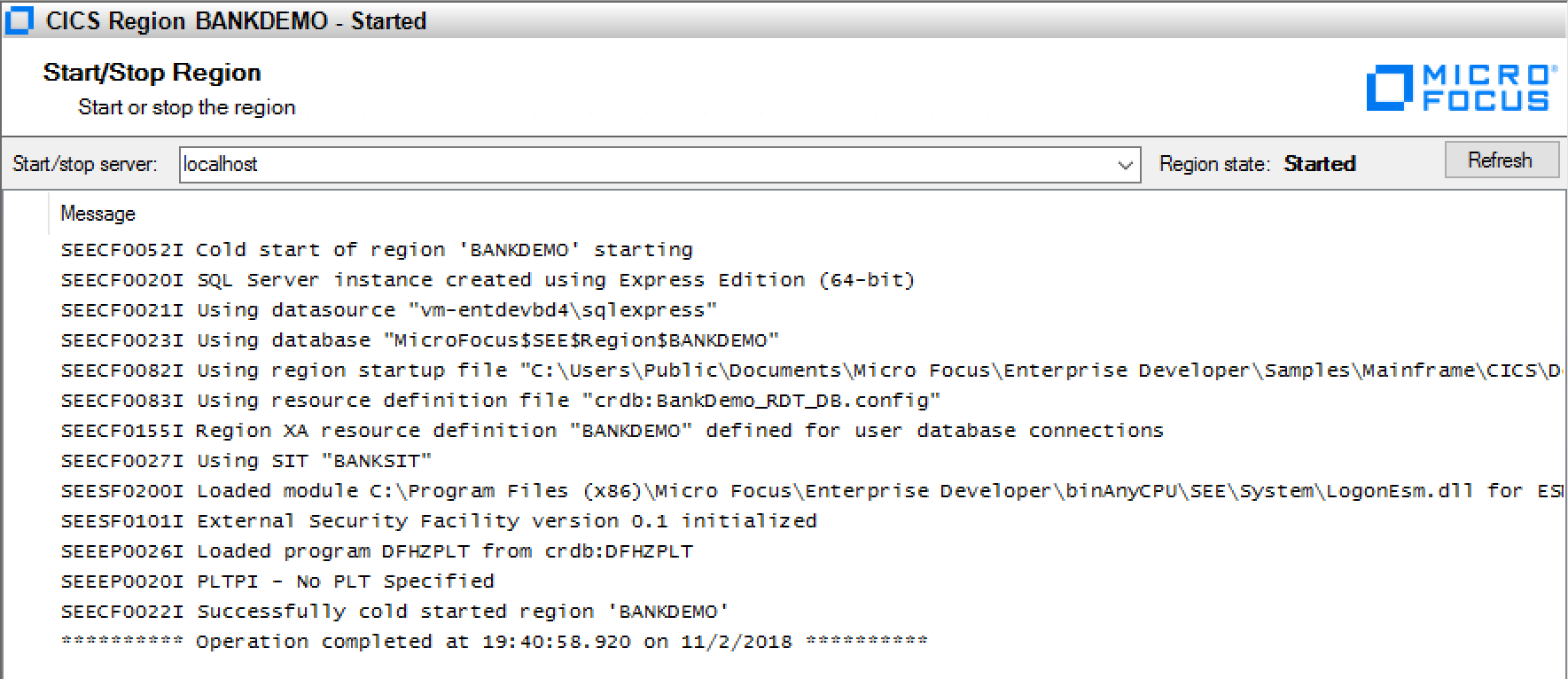 [CICS Region BANKDEMO - Started]\(CICS リージョン BANKDEMO - 起動済み\) 画面