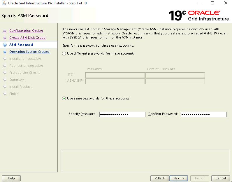 インストーラーの [ASM パスワードの指定] ページのスクリーンショット。