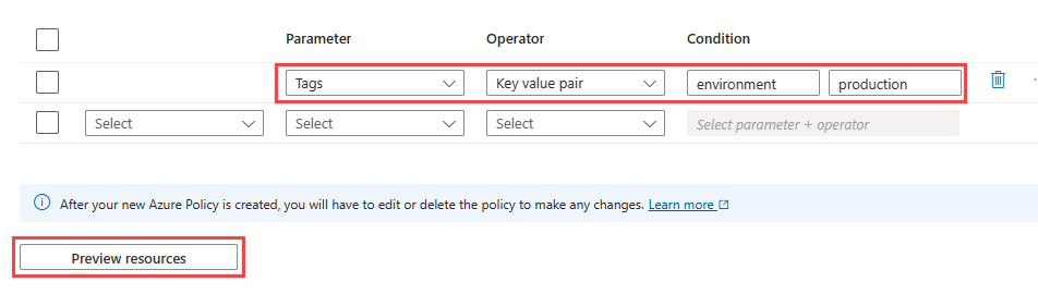 キーと値のペアを持つ Azure Policy ウィンドウ設定タグの作成のスクリーンショット。