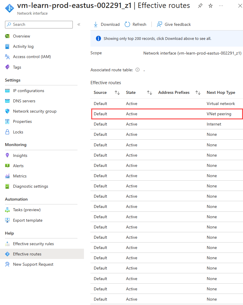 テスト VM ネットワーク インターフェイスからの有効なルートのスクリーンショット。