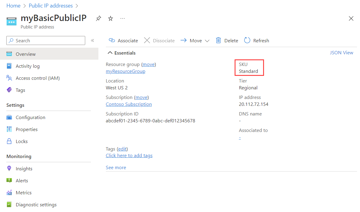 パブリック IP アドレスが Standard SKU であることを示すスクリーンショット。