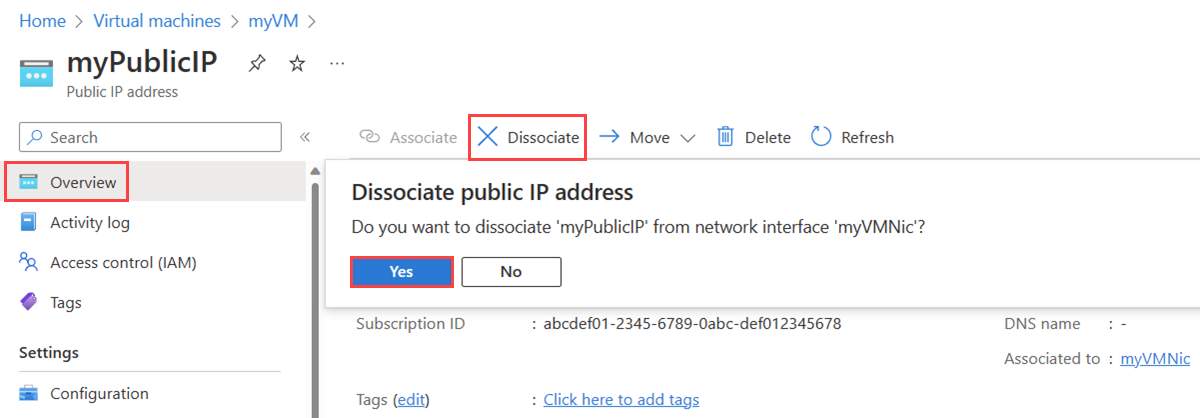 仮想マシンのネットワーク インターフェイスから関連付けを解除する方法を示すパブリック IP アドレス リソースの [概要] ページのスクリーンショット。