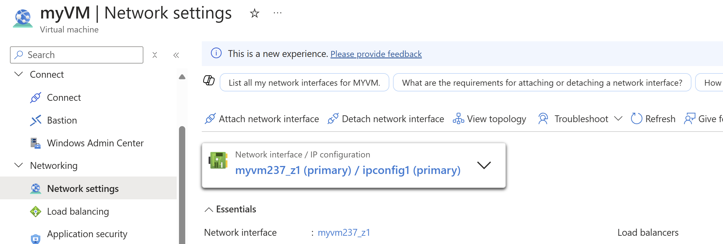 myVM ネットワークとネットワーク インターフェイスの選択のスクリーンショット。