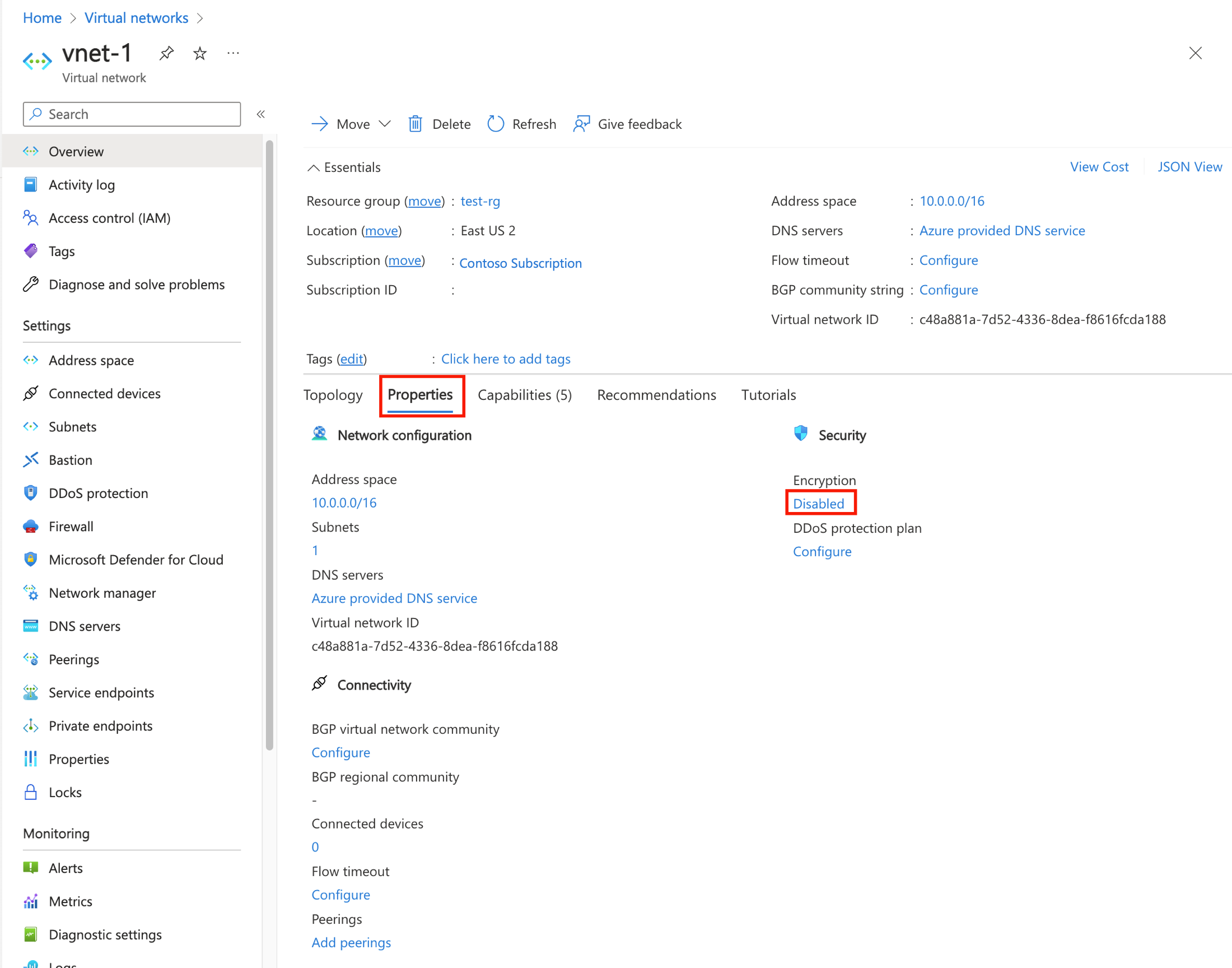 仮想ネットワークのプロパティのスクリーンショット。