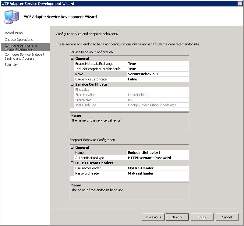 [サービスとエンドポイントの動作の構成] ページ