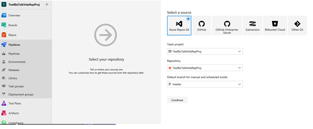 [Azure repos git] を選択して、BizTalk Serverで新しいパイプラインをホストします。