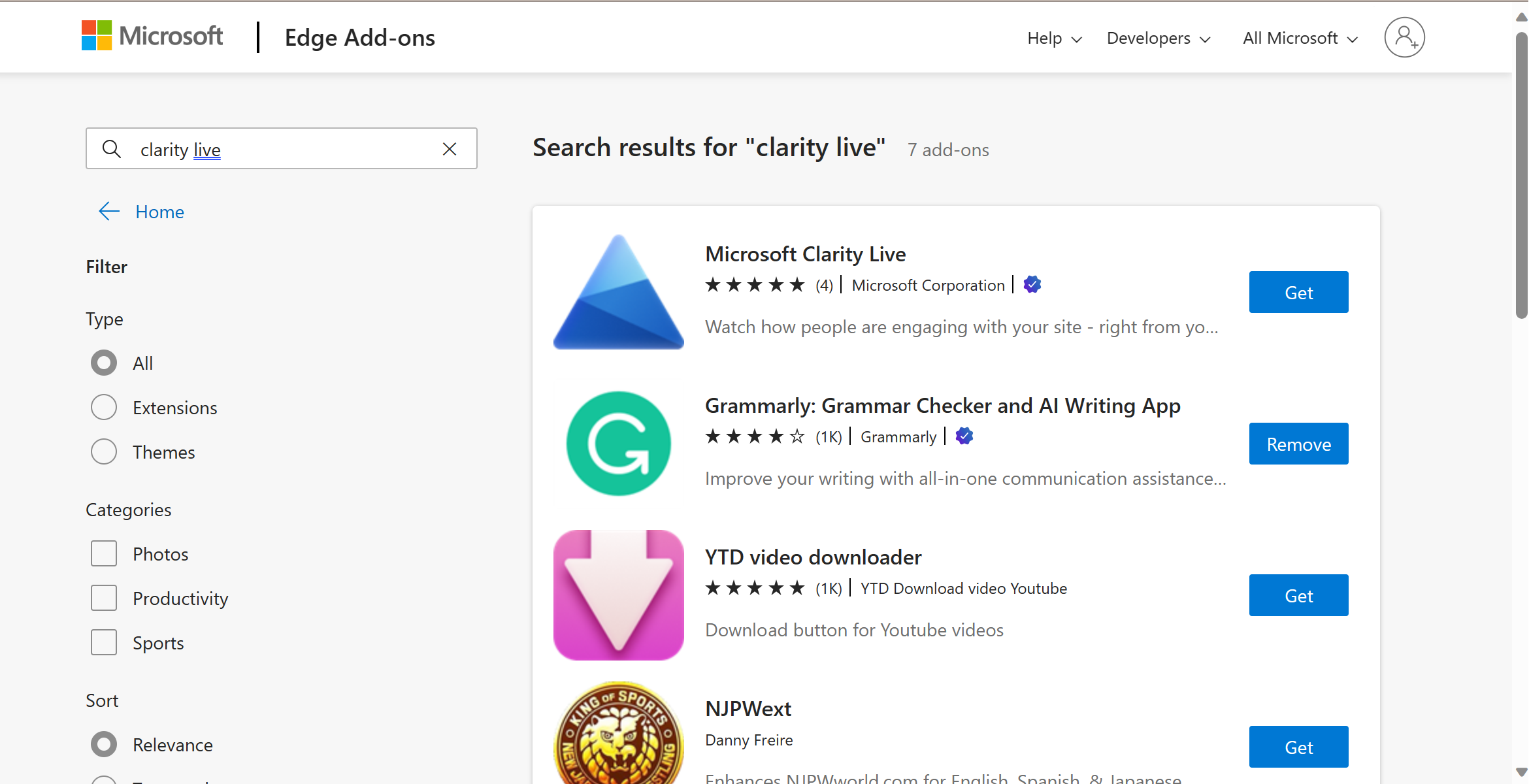 Select Clarity live extension in Microsoft Edge extensions.