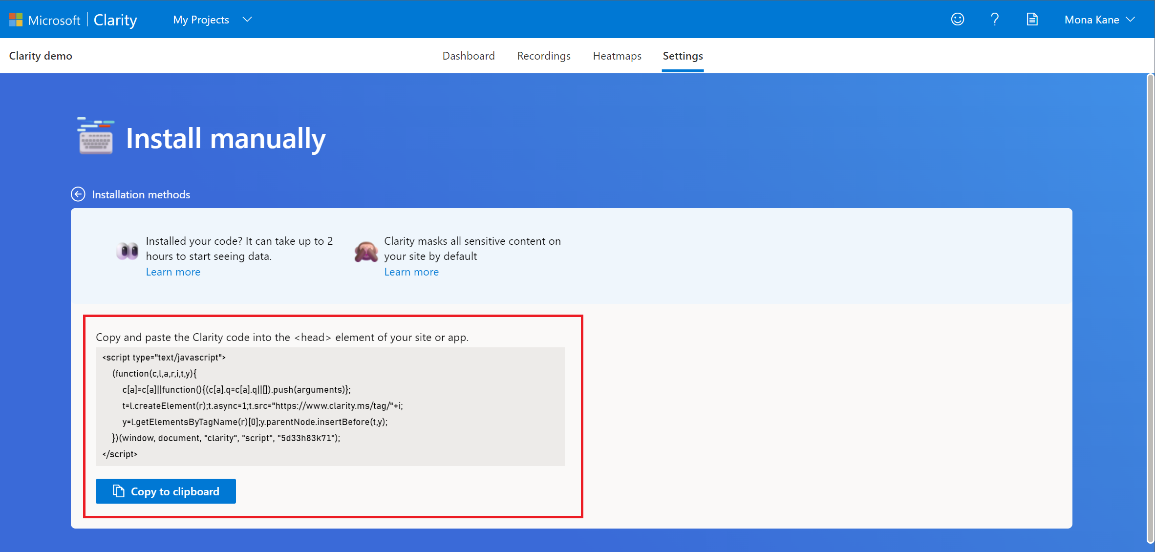Copy the Clarity tracking code.