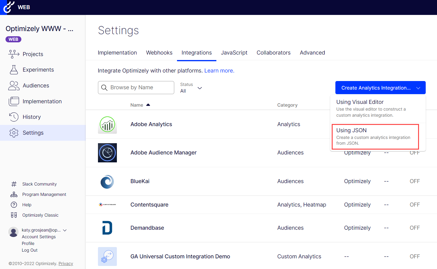 Select using json in create analytics integration.