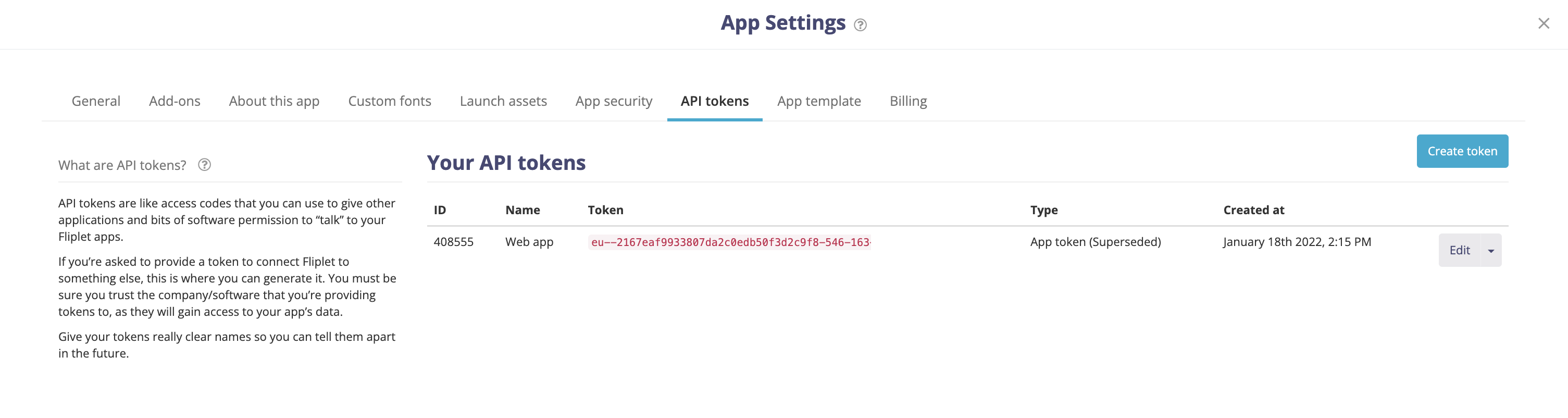 API トークンを生成できる UI