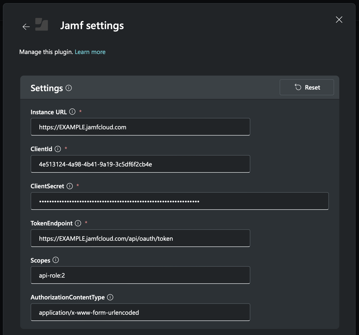 Security Copilot プラグインに入力する Jamf 設定をソーリングする Sceenshot。