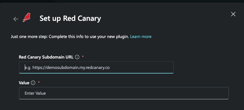 Red Canary URL と API キーを入力する場所を示すスクリーンショット。