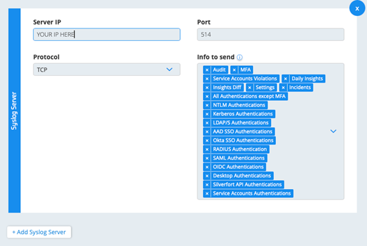 Silverfort の syslog サーバーのスクリーンショット。