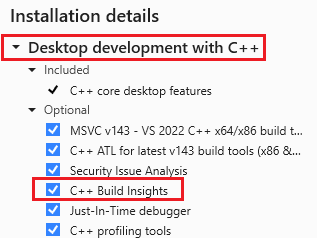 Visual Studio インストーラーで C++ ワークロードによるデスクトップ開発が選択されているスクリーンショット。