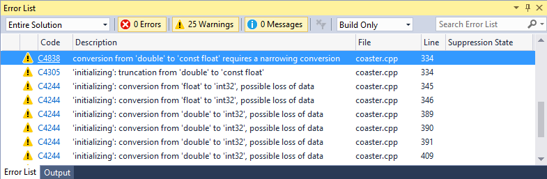 Visual Studio の [エラー一覧] ウィンドウのスクリーンショット