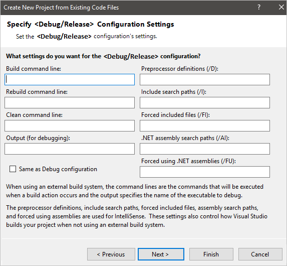 デバッグ構成とリリース構成の設定が表示されている [既存コード ファイルからの新しいプロジェクトの作成] ダイアログ。