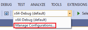 CMake 構成ドロップダウンのスクリーンショット。[構成の管理] が強調表示されています。