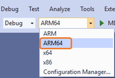 ソリューション プラットフォームを ARM64 に設定するスクリーンショット。