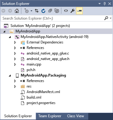 ソリューション エクスプローラーのネイティブ アクティビティ プロジェクト。
