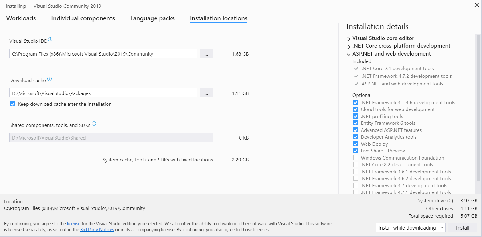 Screenshot of the Visual Studio Installer, showing the installation locations tab view.