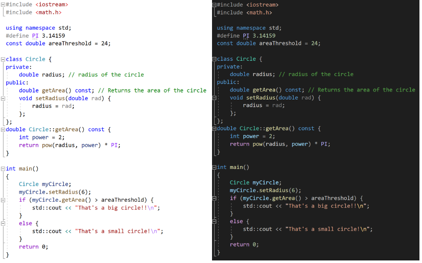 拡張配色のスクリーンショット。背景は黒で、C++ のキーワードには色が付いています (int は青、コメントは緑など)。