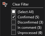 フィルターオプションのスクリーンショット。[確認済み]、[確認取り消し]、[コメント内]、[未処理] が含まれます。それぞれに、そのカテゴリに該当する結果の数が表示されます。