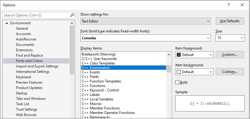 列挙型、関数、キーワード、マクロなどの C++ コード要素の色を設定できることを示す C++ のフォントと色のオプションのスクリーンショット。