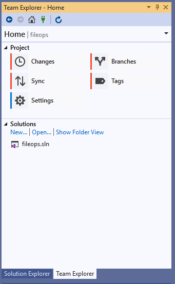 Visual Studio 2019 の [チーム エクスプローラー] ウィンドウのスクリーンショット。