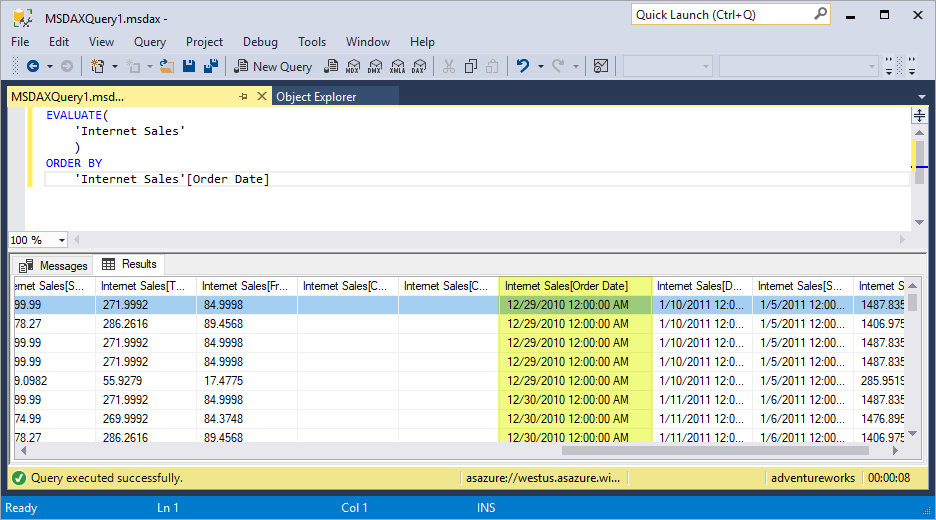 DAX の Evaluate order by ステートメント