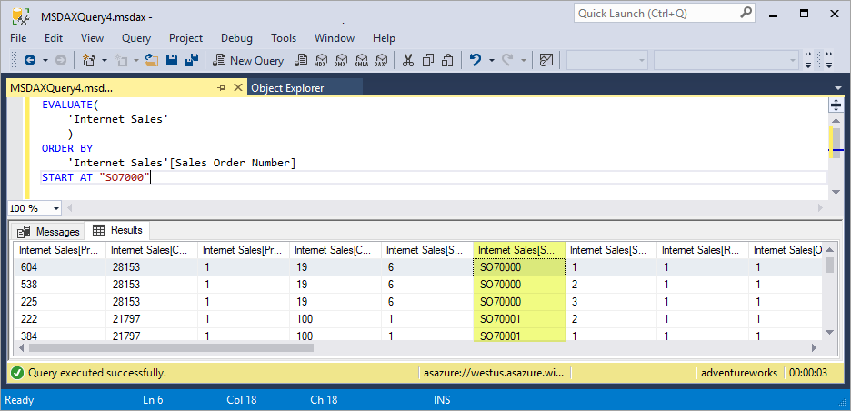 DAX の Evaluate order by Sales order number ステートメント