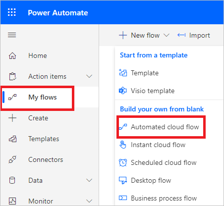 Power Automate で新しいフローを作成します。