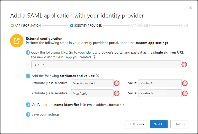 SAML 情報ページのスクリーン ショット。