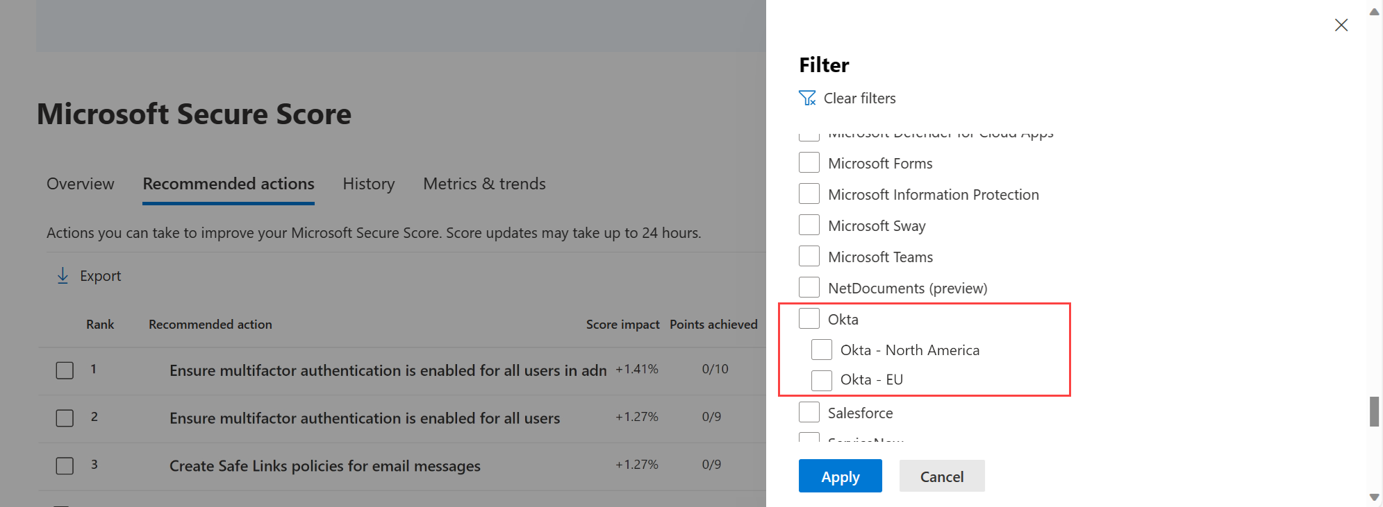 アプリの複数のインスタンスを示す Secure Score フィルターのスクリーンショット。