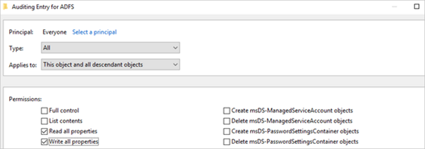 Active Directory フェデレーション サービス (AD FS)の監査設定のスクリーンショット。