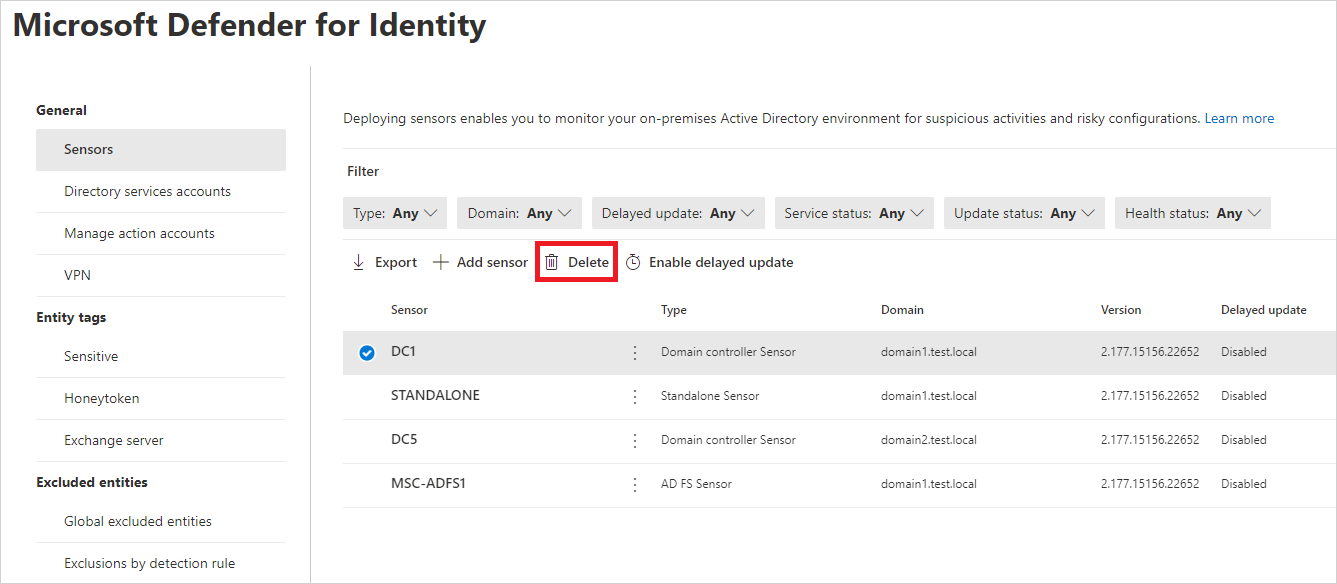 [センサーから孤立した Defender for Identity センサーを削除する] ページ