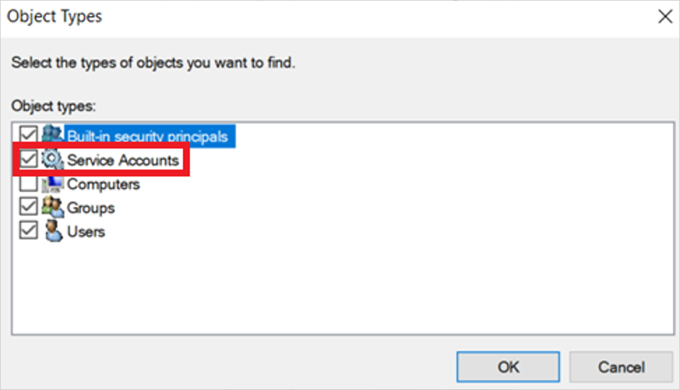 Screenshot oof selecting service accounts as object types.